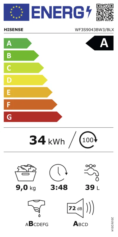 Hisense WF3S9043BW3/BLX energielabel