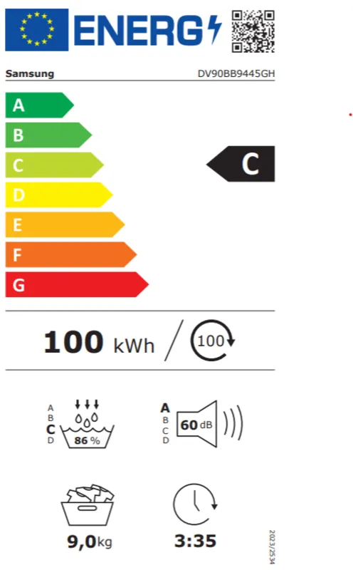 Samsung DV90BB9445GHS2 energielabel