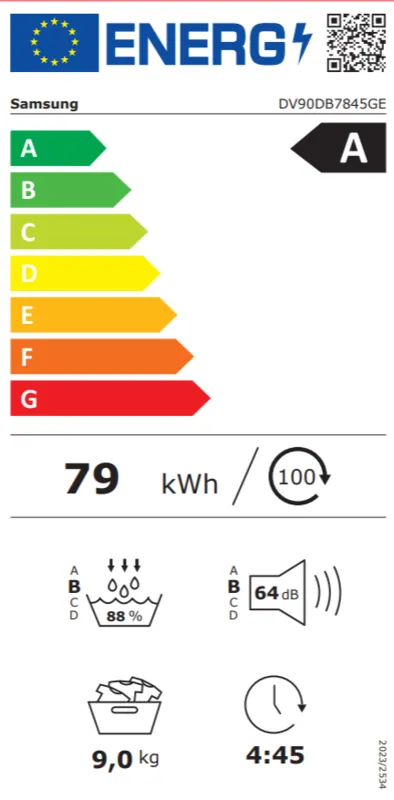 Samsung DV90DB7845GEU3 energielabel