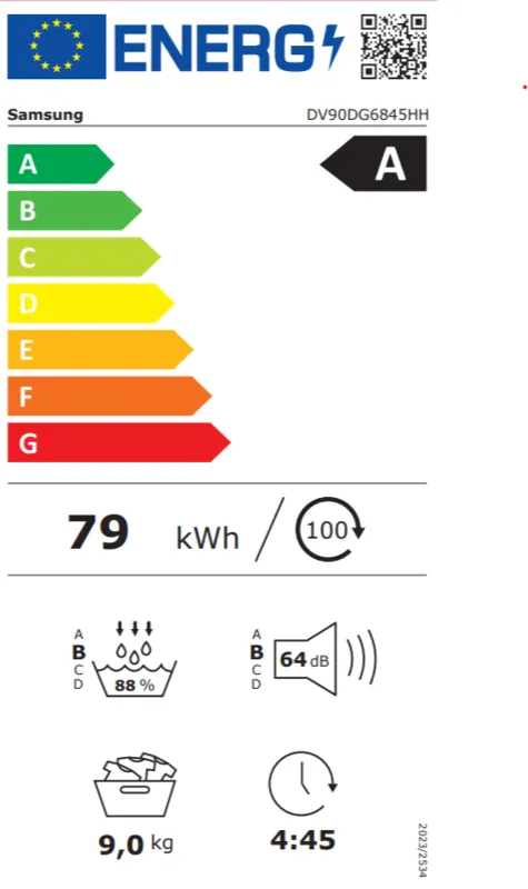 Samsung DV90DG6845HHU3 energielabel