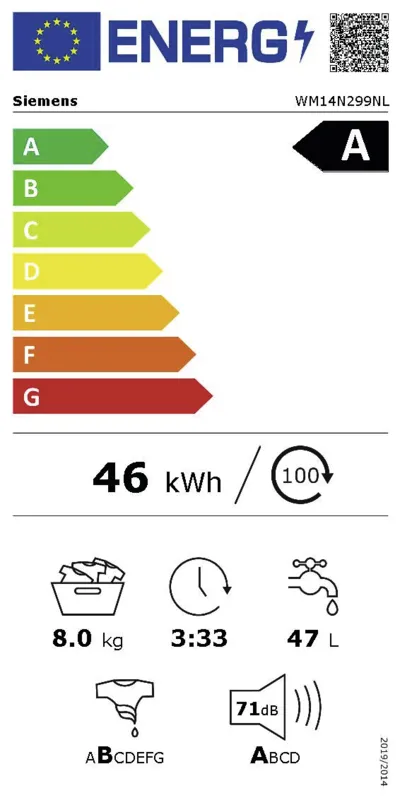 Siemens WM14N299NL energielabel